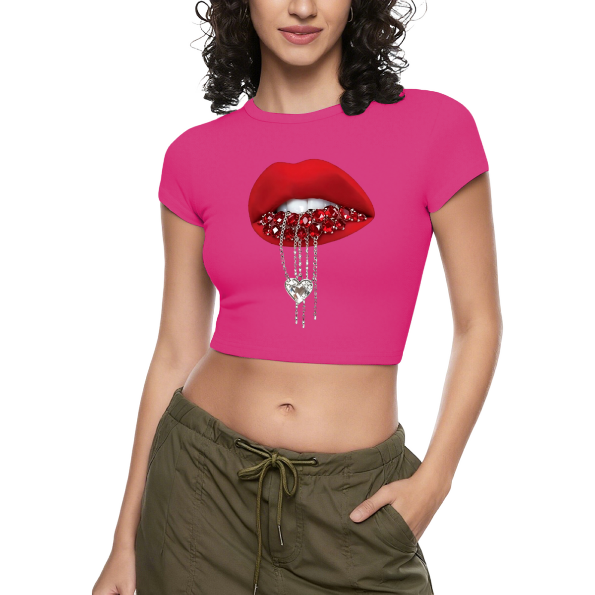Rhinestone Heart Chain Lips Bold Red Crop Tee product image 12