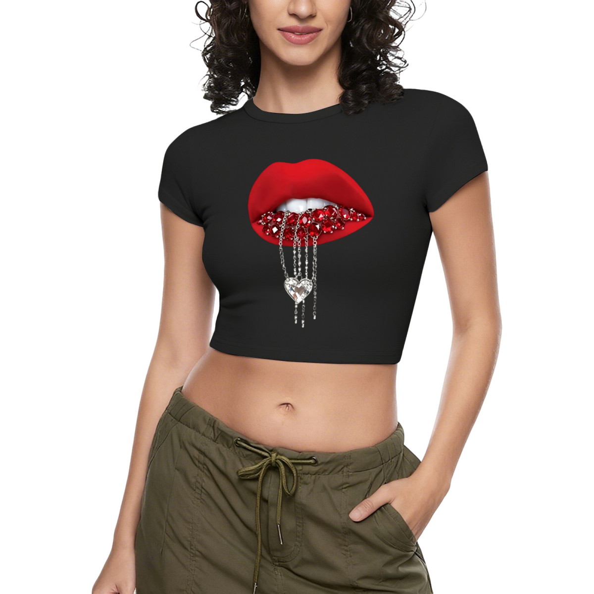 Rhinestone Heart Chain Lips Bold Red Crop Tee product image 9