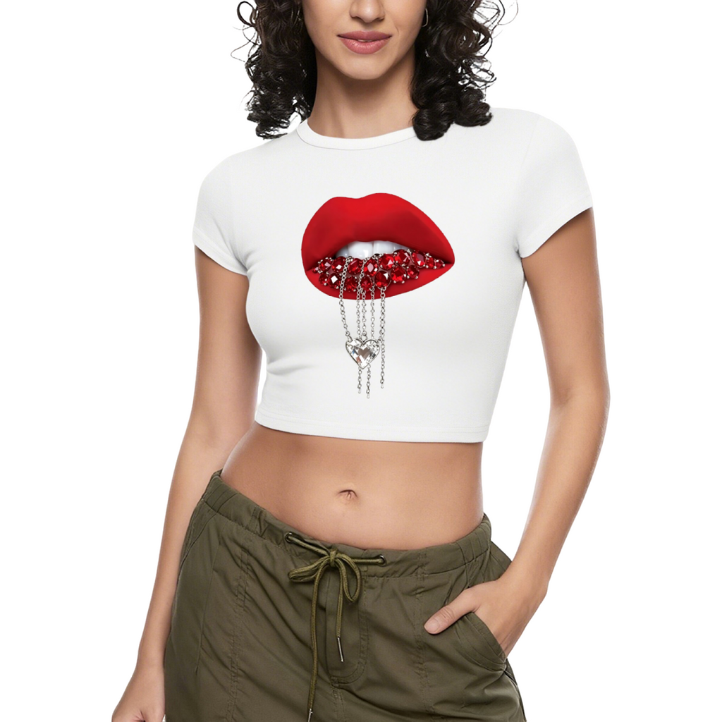 Rhinestone Heart Chain Lips Bold Red Crop Tee product image 10