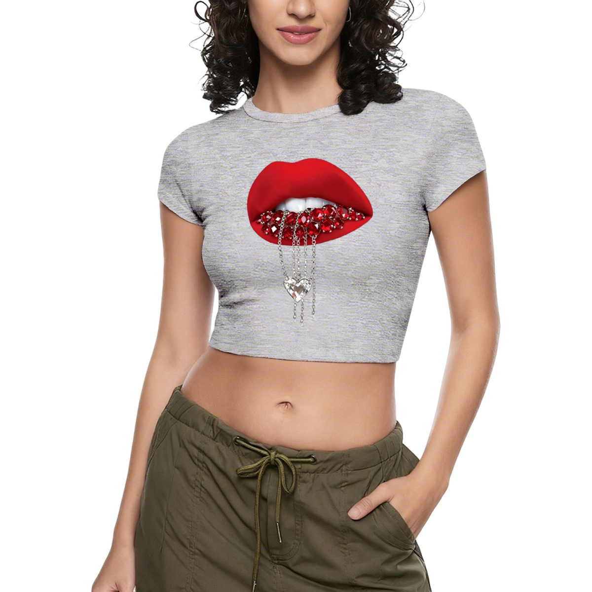 Rhinestone Heart Chain Lips Bold Red Crop Tee product image 11
