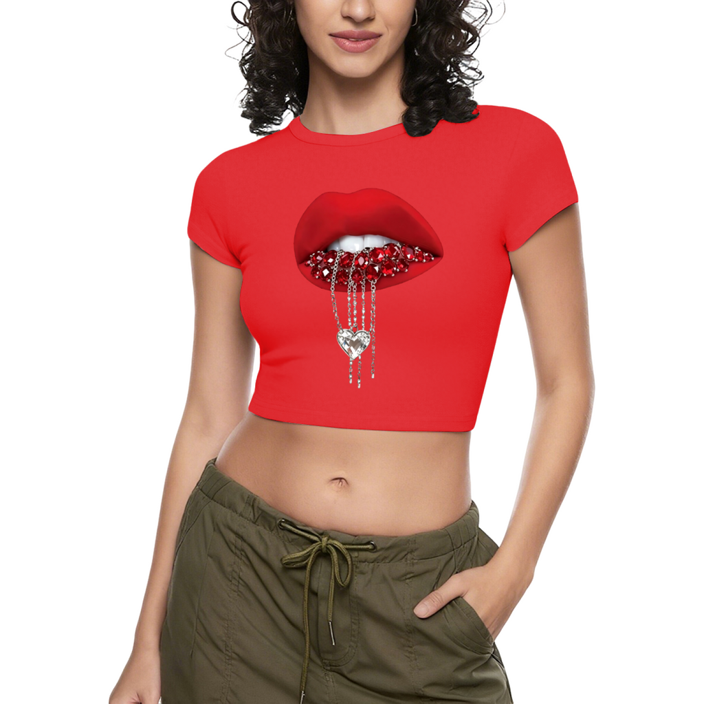 Rhinestone Heart Chain Lips Bold Red Crop Tee product image 1