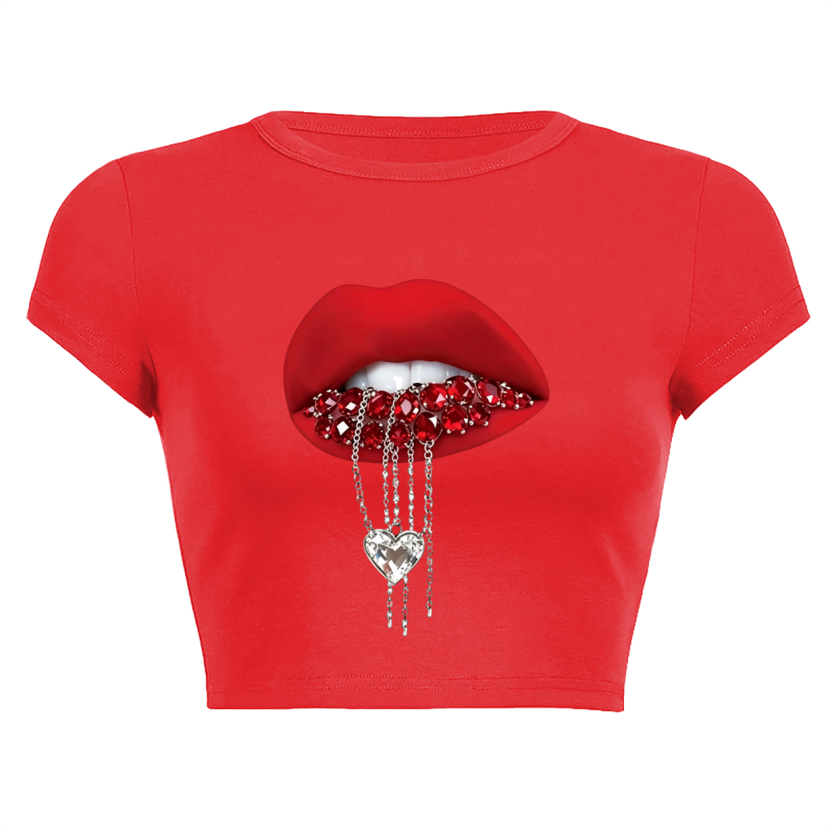 Rhinestone Heart Chain Lips Bold Red Crop Tee product image 2