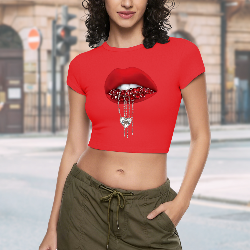 Rhinestone Heart Chain Lips Bold Red Crop Tee product image 4