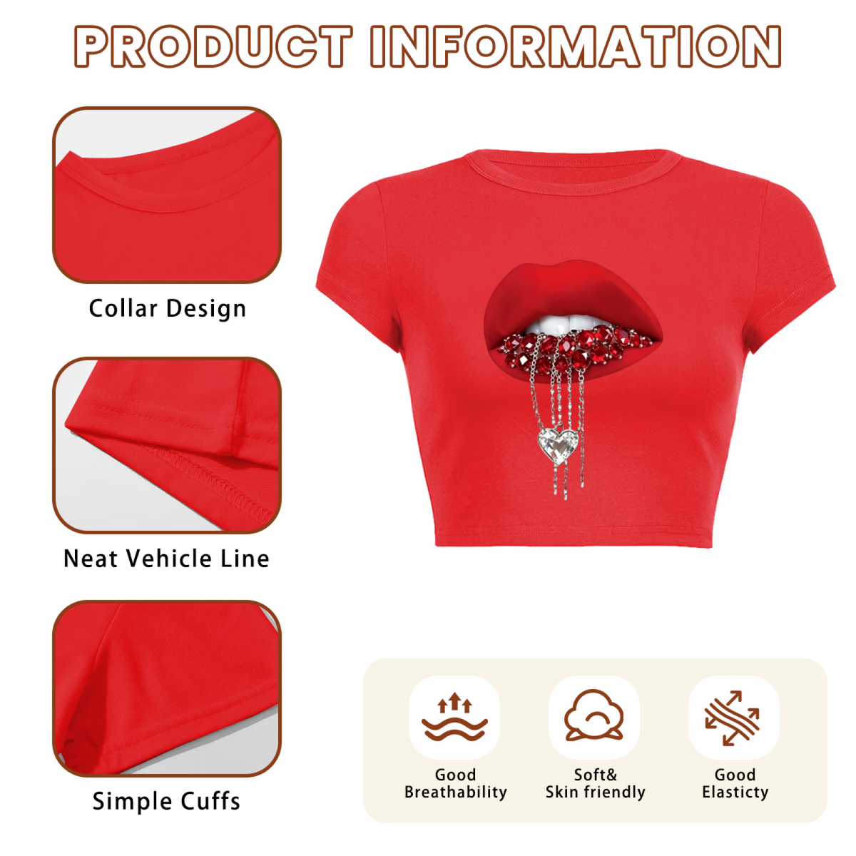 Rhinestone Heart Chain Lips Bold Red Crop Tee product image 6