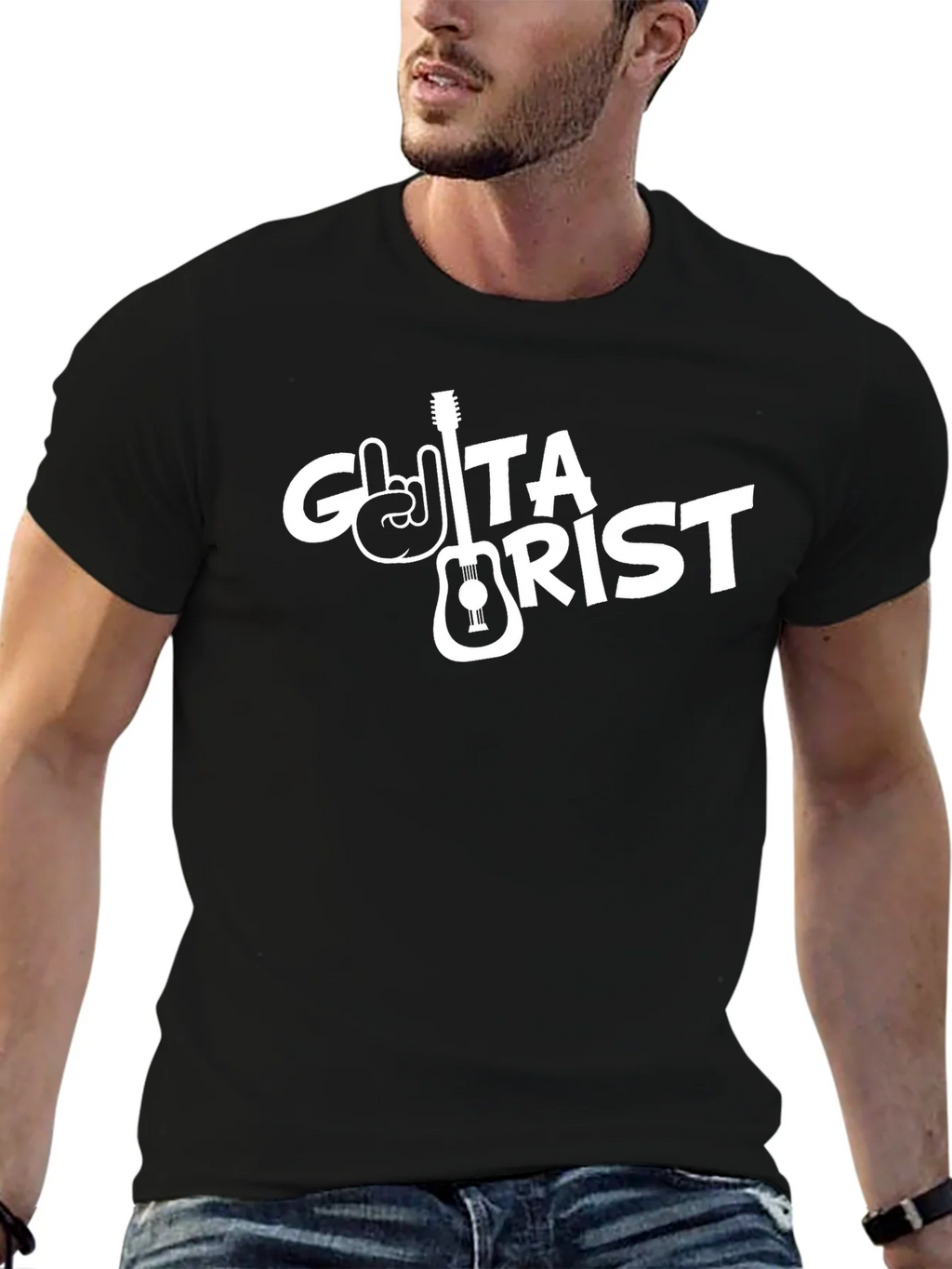 Guitarist Black T-Shirt with Rock Hand Design product image 6